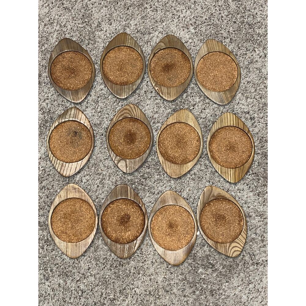 Wood Football Shaped Coasters Set of 12 Cork SERE Japan Vtg Super Bowl Friendly